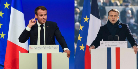 (Majtas) Macron me simbolin e Francës gjatë një takimi në 2018 dhe (djathtas) Macron më 11 nëntor